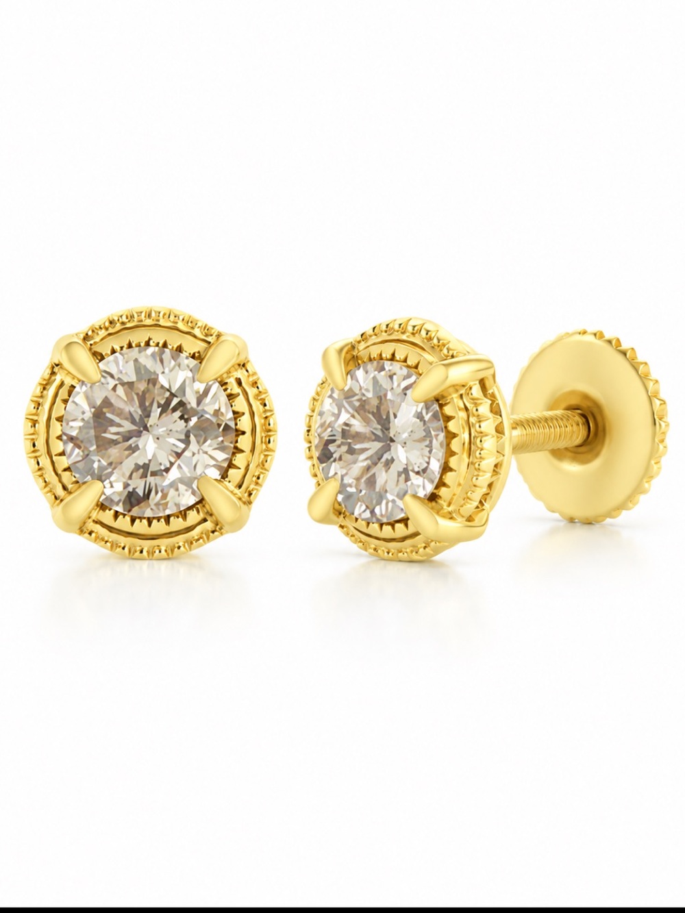 Natural Diamond Solitaire Milgrain Stud Earring 0.40 CTTW 14K Gold Pl 925 Silver